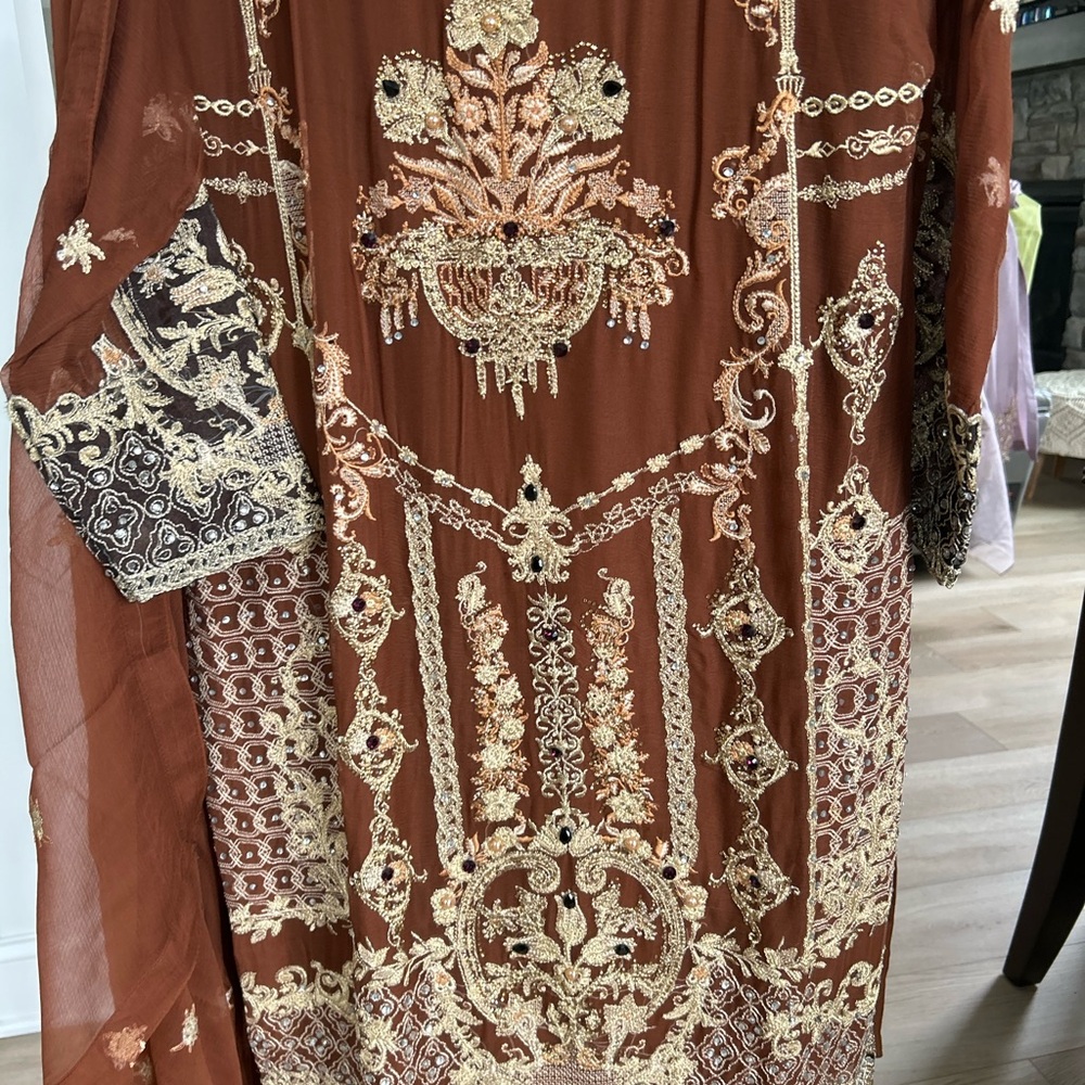 Embroidered Brown and Gold Traditional Pakistani Indian Dress